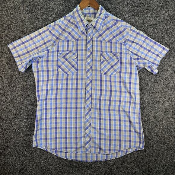 Wrangler Western Shirt Men’s XLT Blue Plaid Pear Snap Short Sleeve Button Up - Picture 1 of 5